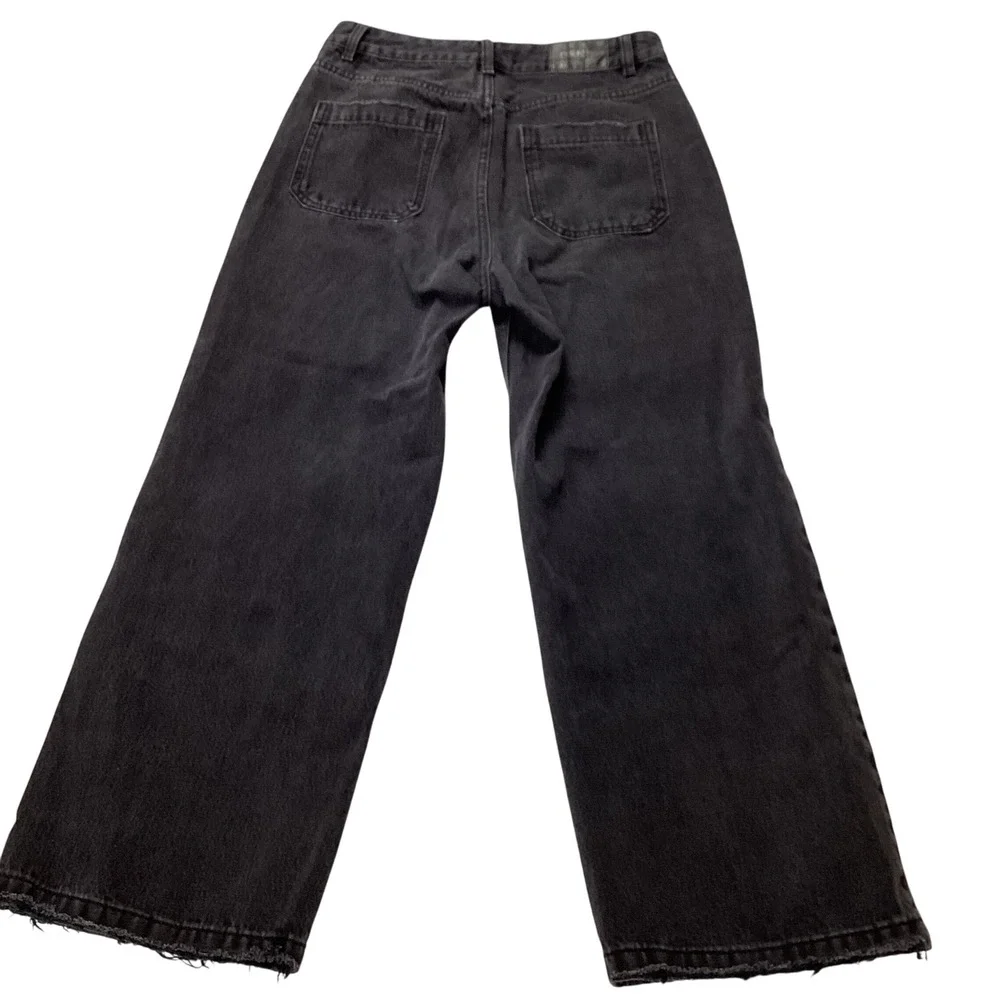 Glassons Black Wide Leg Jeans Women's Size‎ 12 Raw Hem Vintage Washed Denim